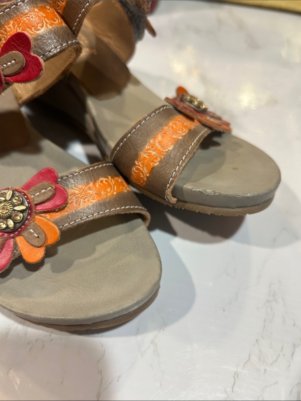 L' artiste Spring Step Brown Slide Sandals with Orange and Pink Floral Accents - Picture 8 of 10